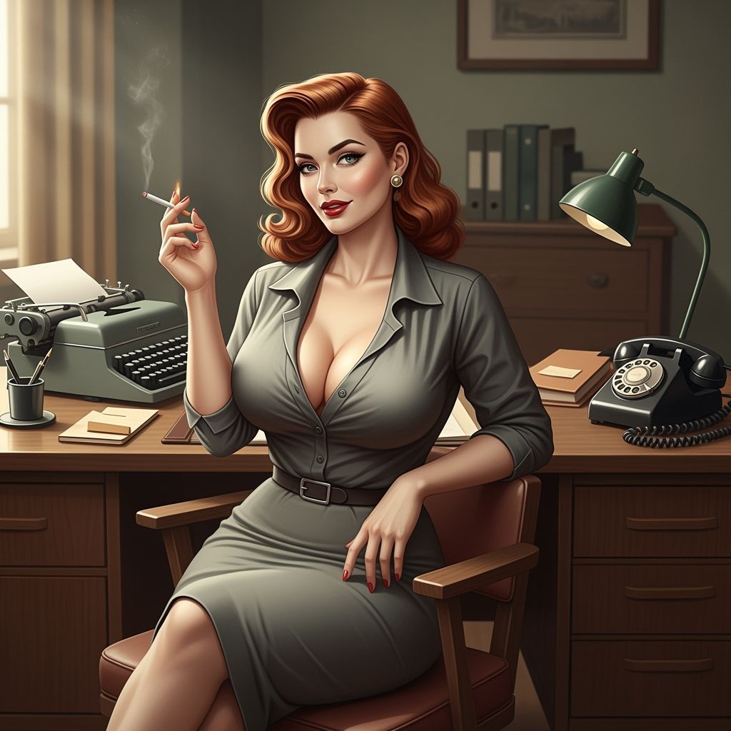 1950s Sultry Secretary at Tidy Desk, Smoking Cigarette