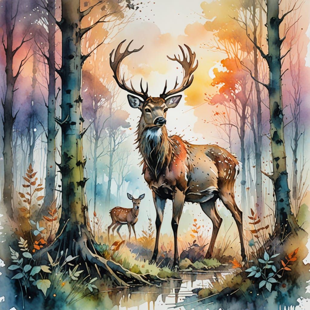 Watercolor Forest Sunset with Grazing Deer