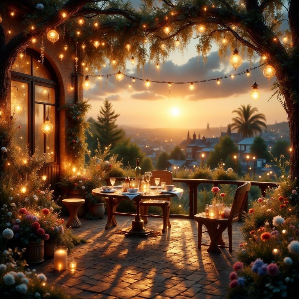 Romantic Greek Cafe Terrace in Impressionist Style