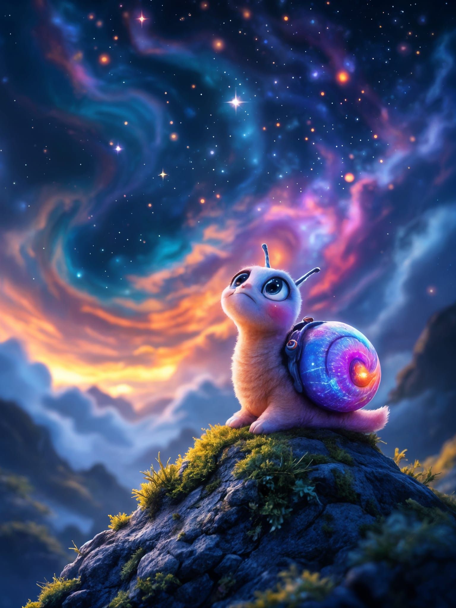 Cartoon Snail Gazing at Galaxy Sky