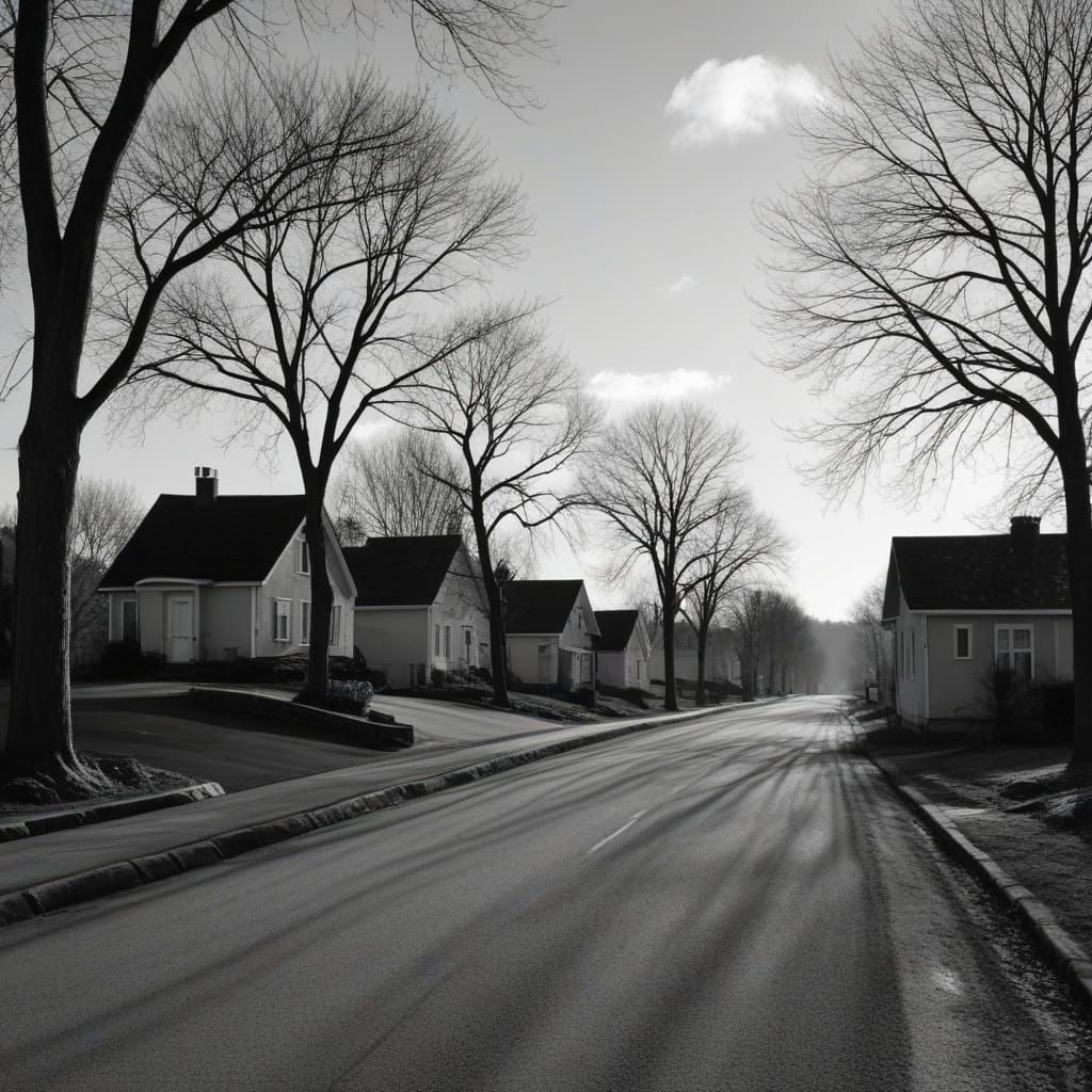 Serenely Shaded Road Leads to Peaceful Homes in a Photoreali...
