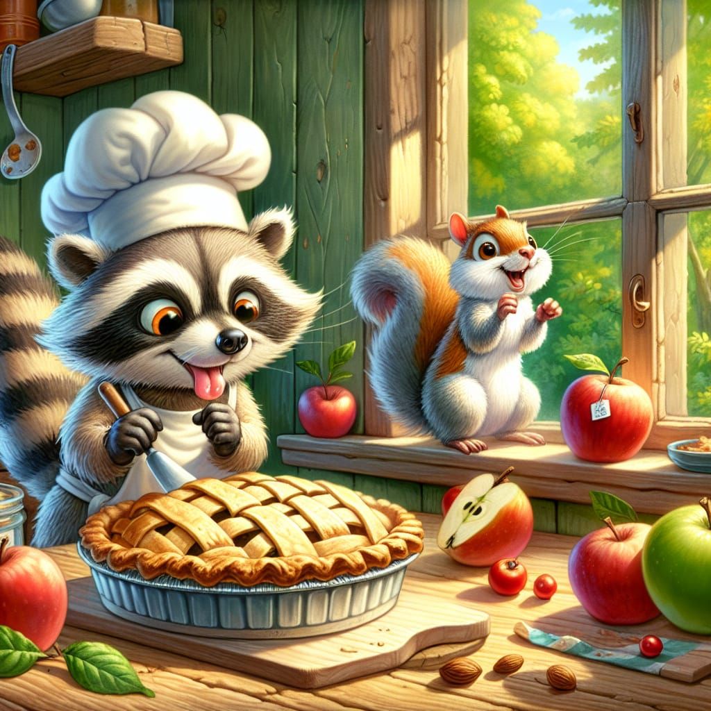 Raccoon and Squirrel Bake Apple Pie in Woodland Kitchen