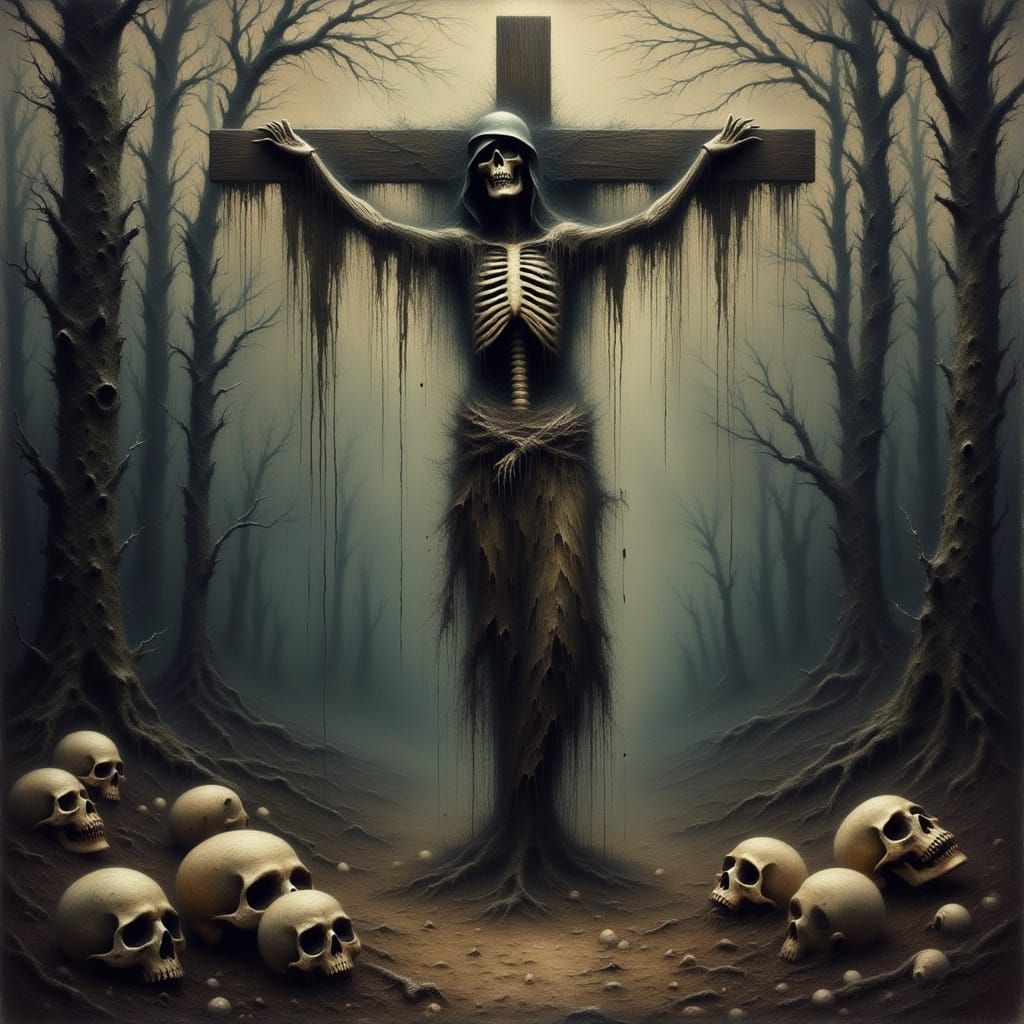 Macabre Skeleton Soldier Crucifixion in Dark Art Style