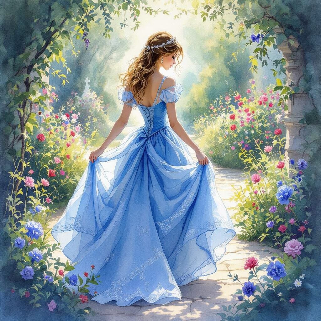 Princess in Blue Garden Dress: Crystal Acrylic Painting