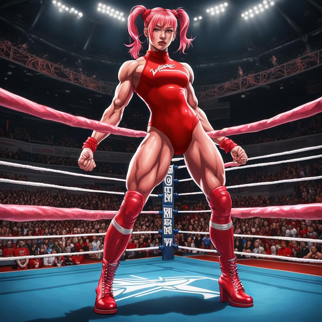 Hyperbolic Female Bodybuilder in Anime Wrestling Style