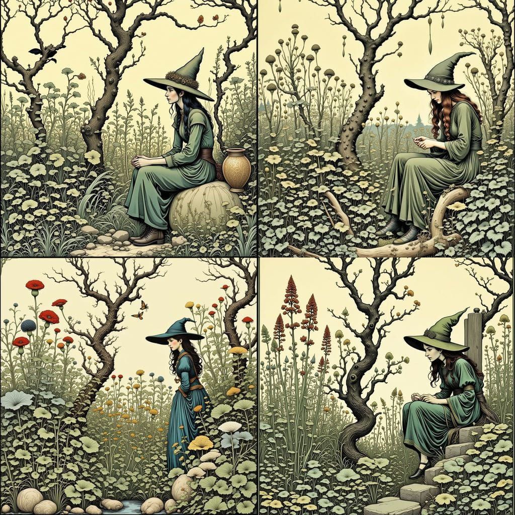 <lora:Bilibin:1.0>   the ancient herb witch in her herb garden, by Mike Mignola, Anton Pieck and Ivan Bilibin, meticulou...