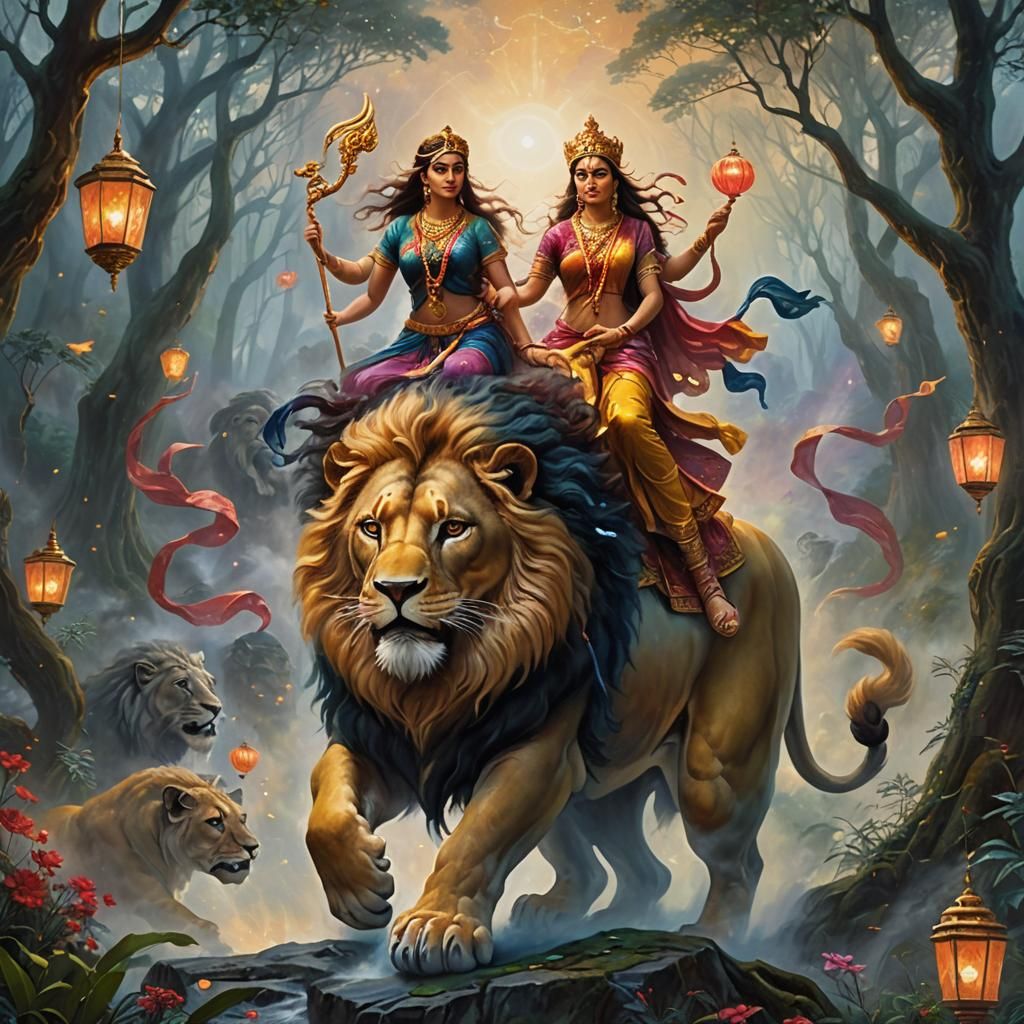Durga Mata on Lion in Mystical Forest Oil Painting