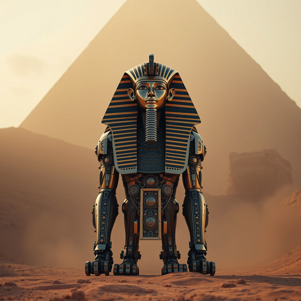 Pharaoh Khufu in Cyberpunk Mechanized Regalia