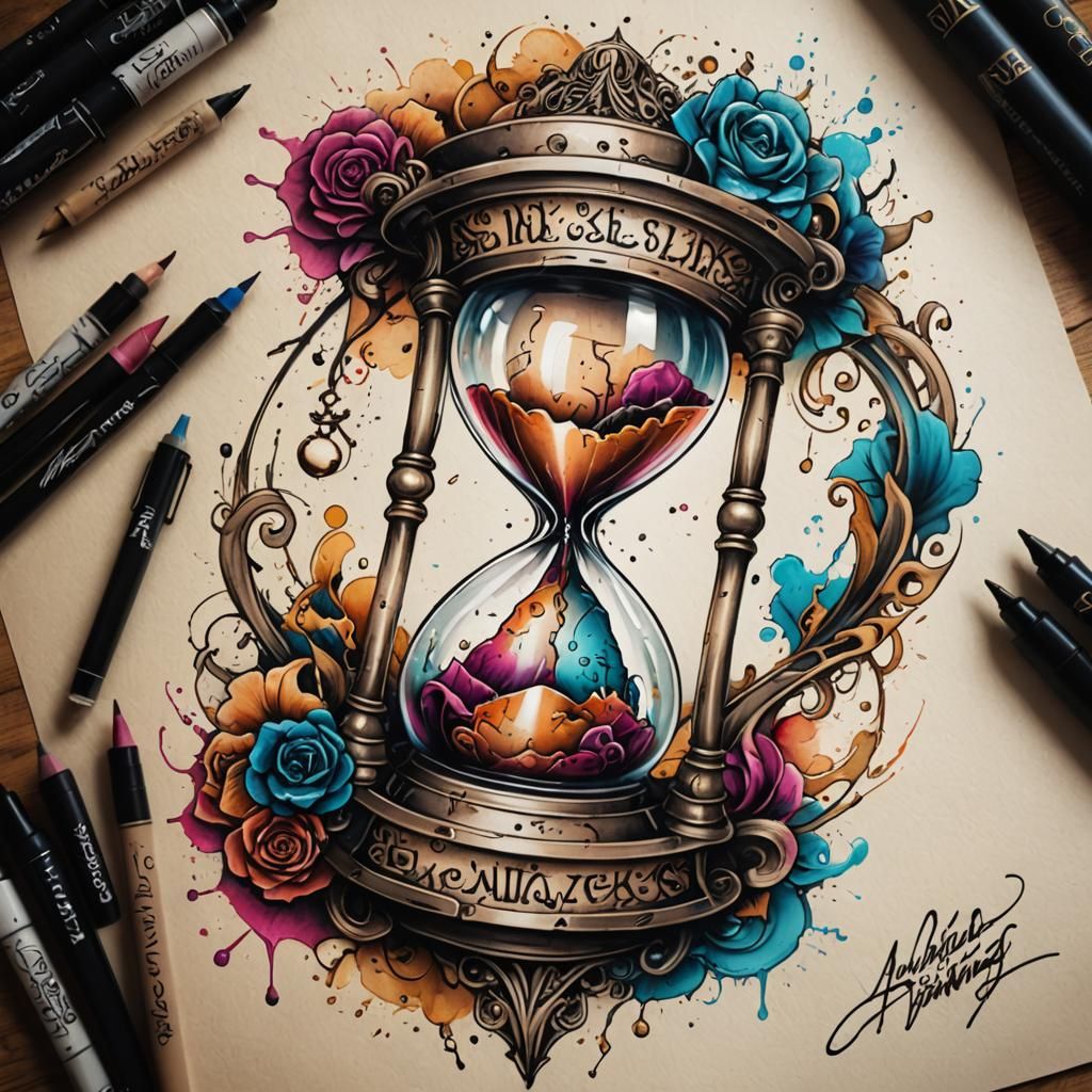 Hourglass Ink Tattoo Sketch with Calligraphy