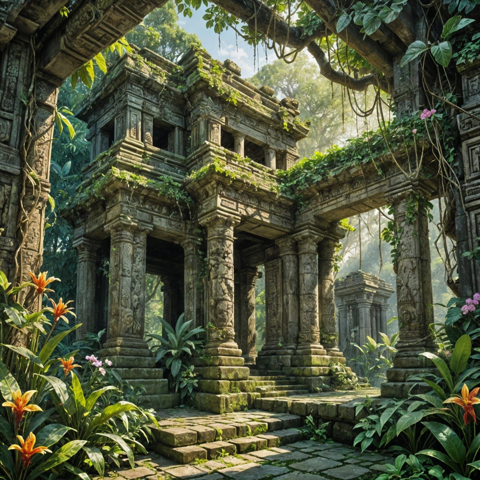 Renaissance Oil Painting: Temple Ruins in Floral Forest