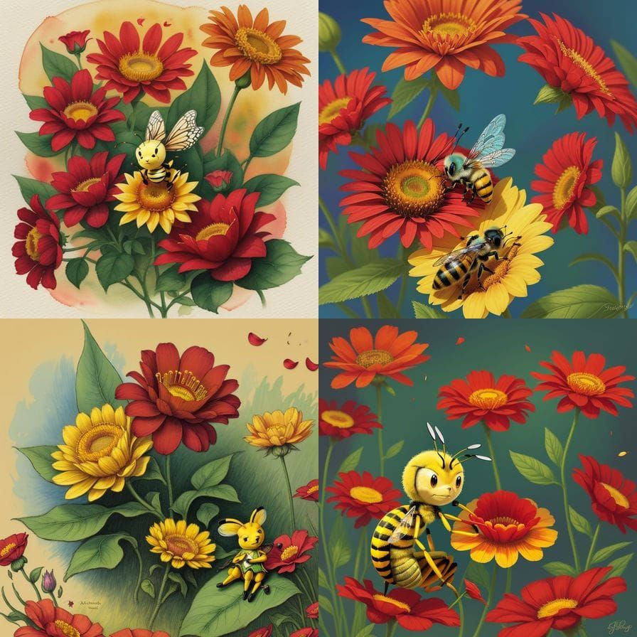 Bee Sits on a Vibrant Red Flower in a 4K Storybook Scene
