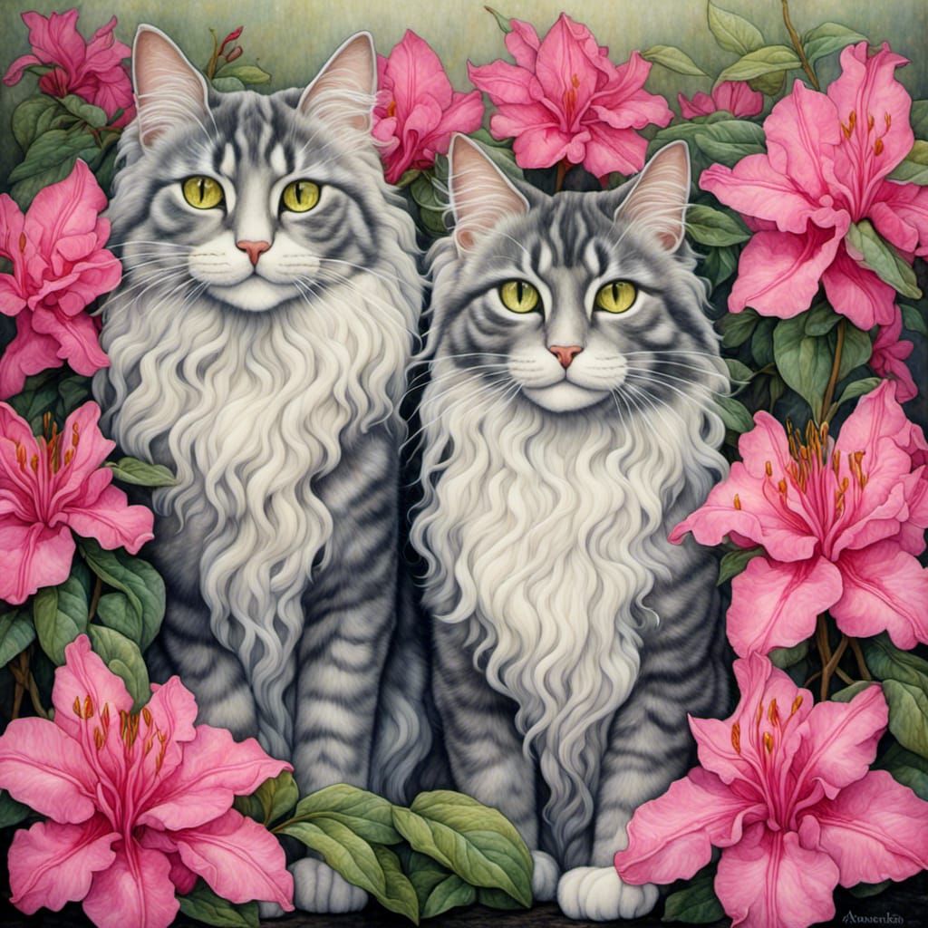 Tabby Cats with Rhododendrons in Watercolor Style