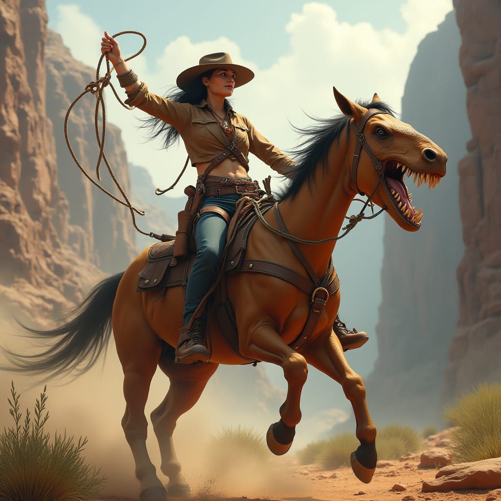 Cowgirl Lassos Majestic Velociraptor in a Dawn-Lit Canyon
