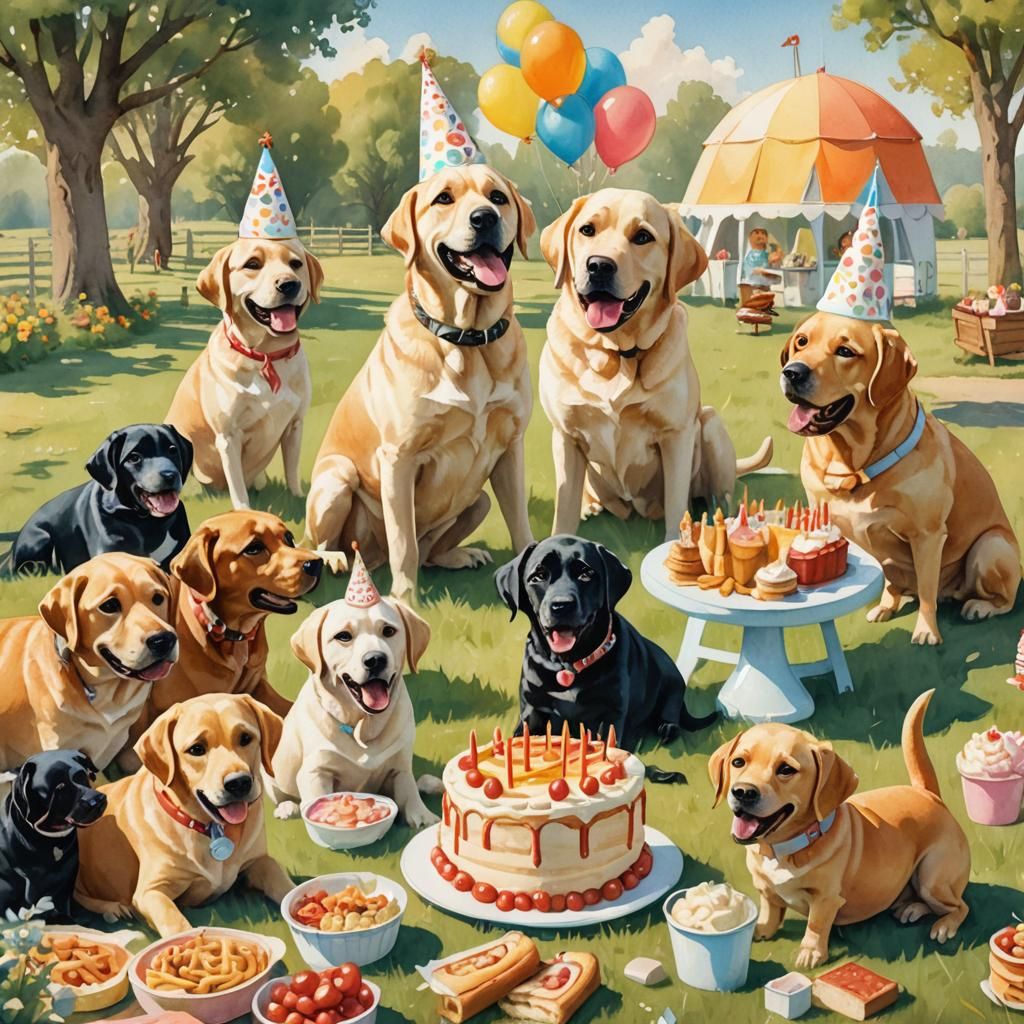 Dog's Surreal Birthday Party in Storybook Style