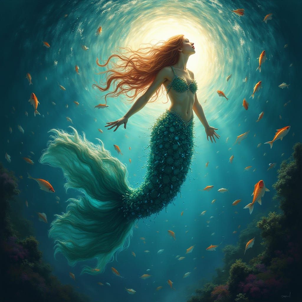 Majestic Red Mermaid Rises from the Ocean Depths in a Golden...