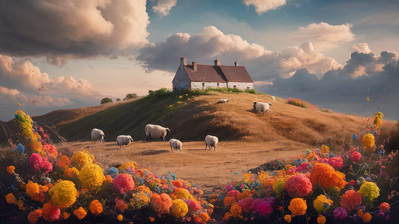 Abstract Landscape Painting with Farmhouse and Sheep
