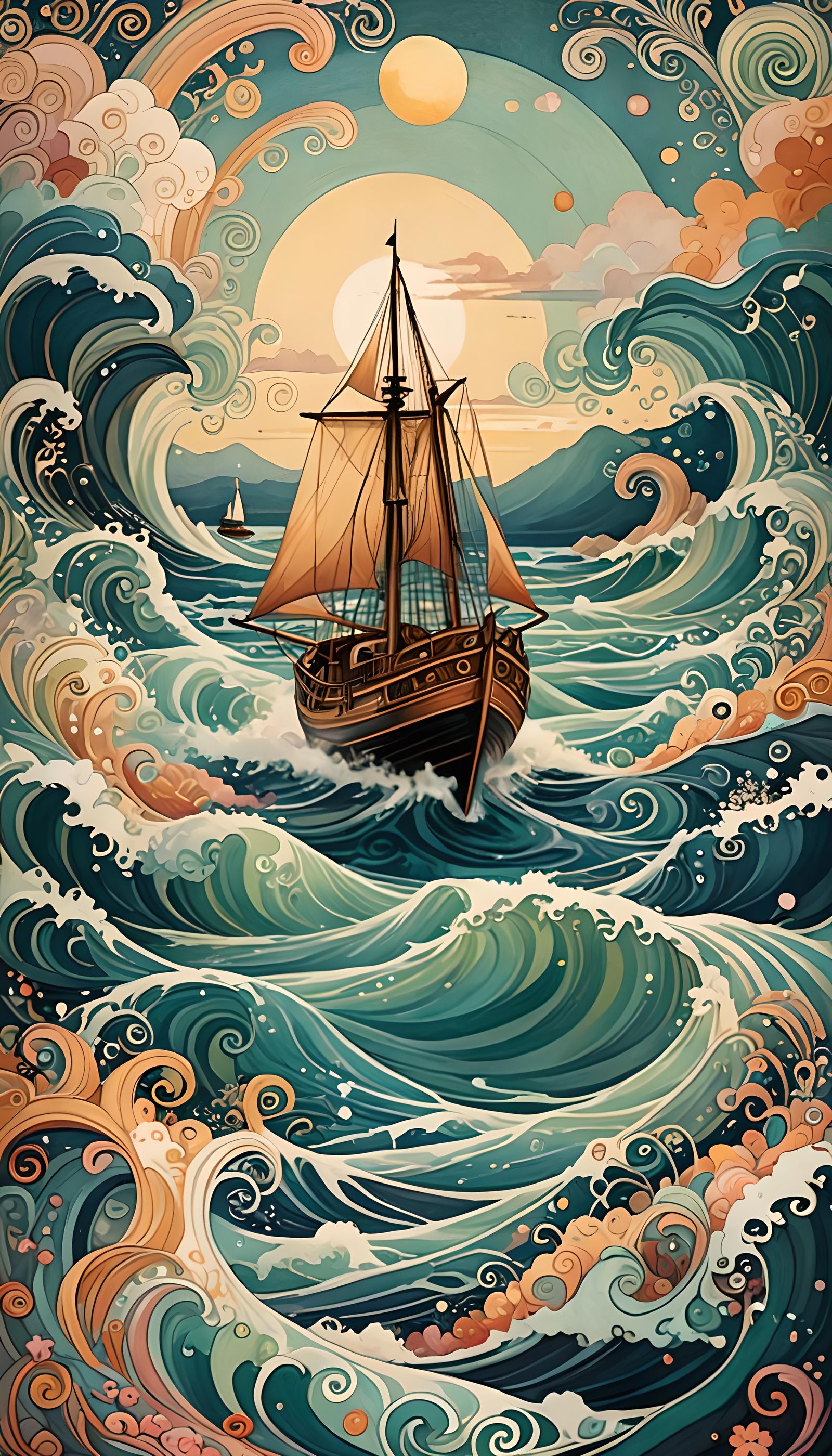 Pastel Seascape with Abstract Sailboat in Art Deco Style