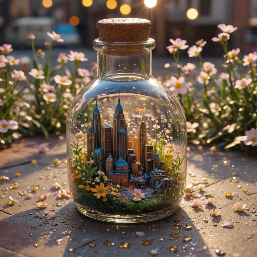 Miniature Cityscape in Glass Bottle, Syd Mead Style