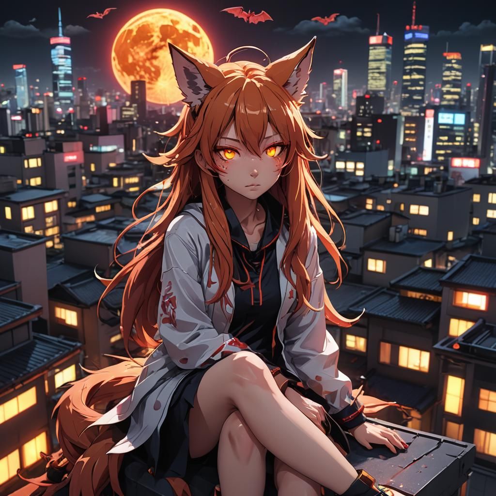 Anime Fox Girl on Rooftop in Neon Cityscape