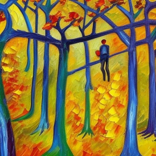 Men Climbing Tree in Expressionist Oil Painting