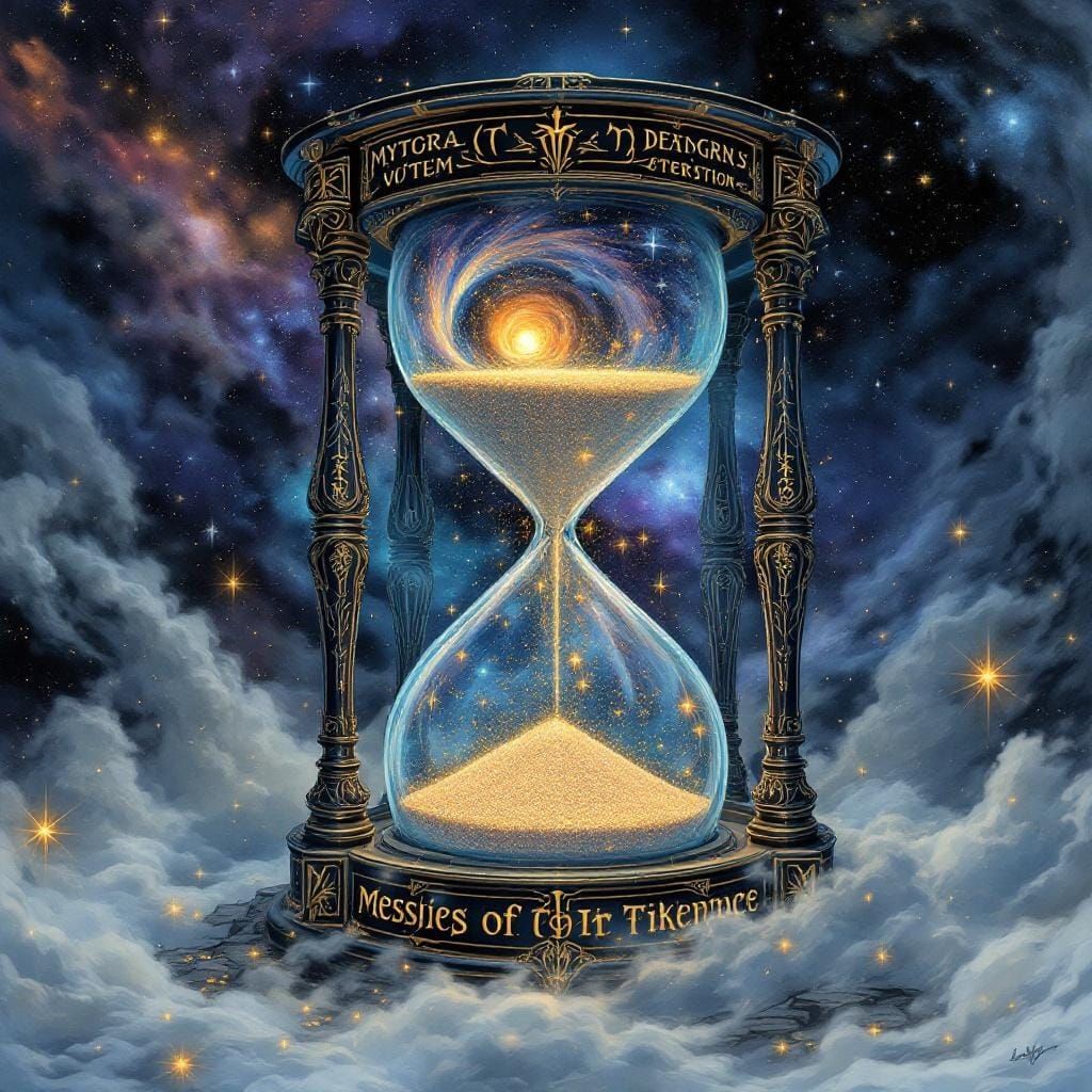 Cosmic Hourglass with Runes in Surreal Style
