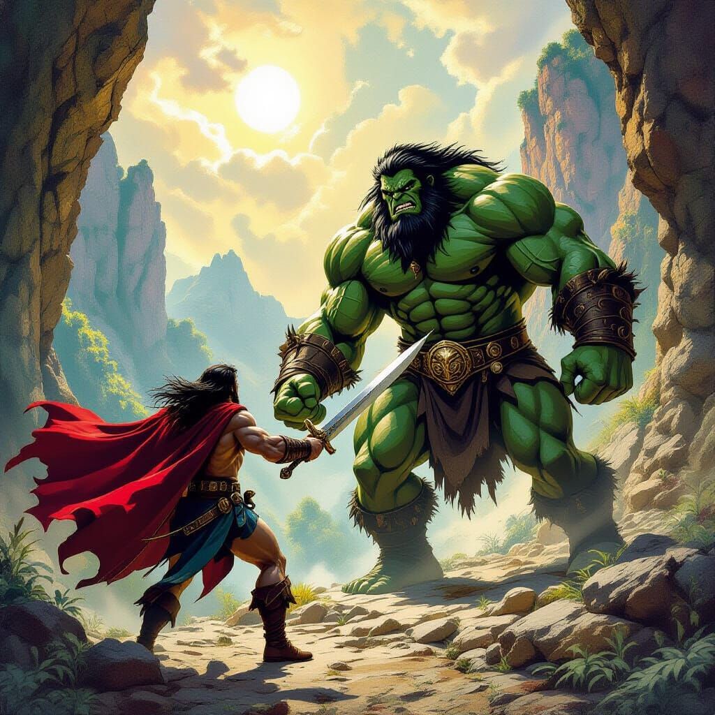 Conan Faces Giant in Lush Valley, Hyperrealistic Style
