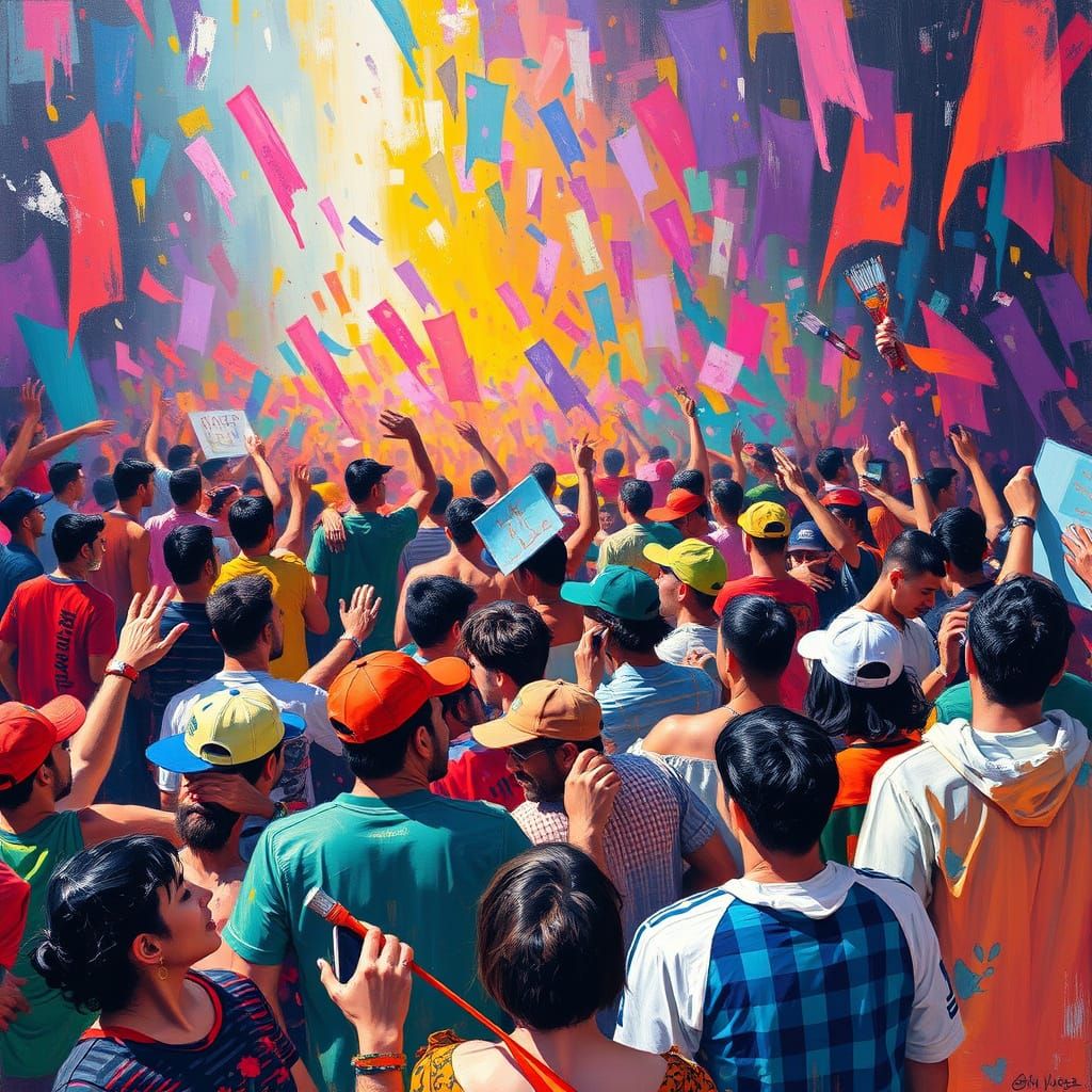 Energetic Crowd Scene in Expressive Modern Style