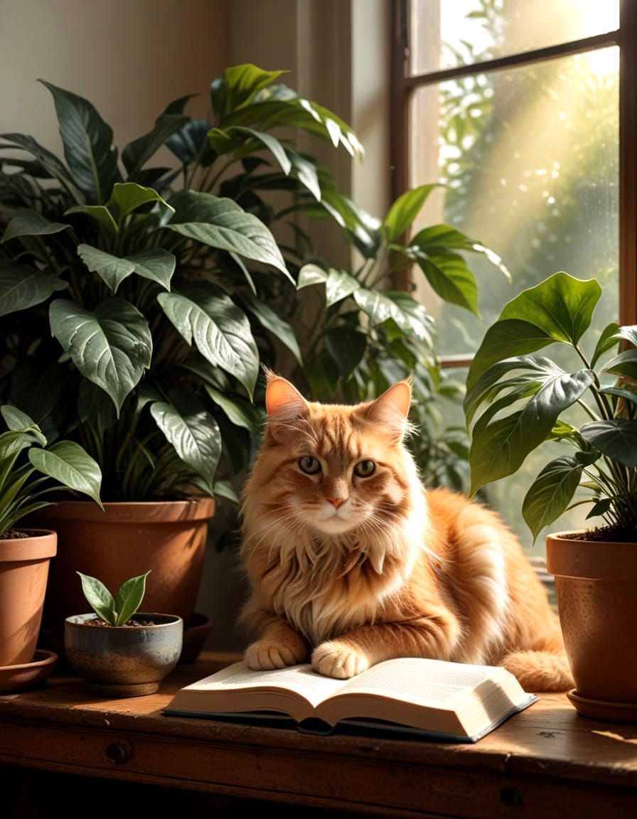 Cozy Cat Reading Nook in Painterly Style