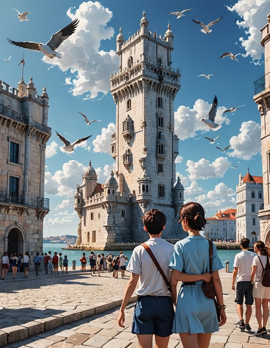 Lisbon's Belem Tower: Anime-Style 3D Art
