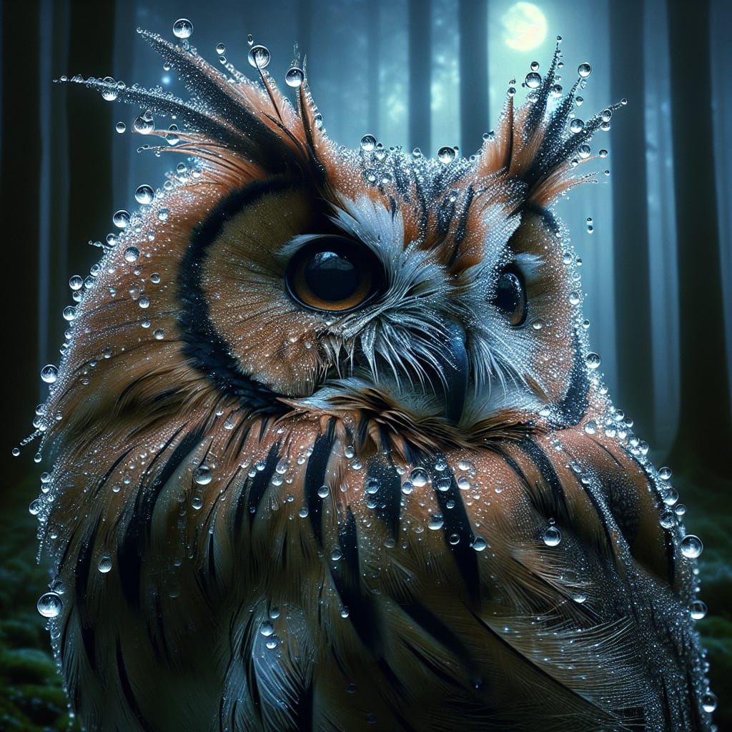 Dew-Kissed Owl in Moonlit Forest: Hyperrealistic Image
