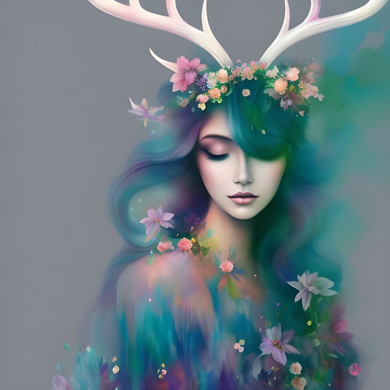 Magical Deer Spirit Woman in Pastel Illustration