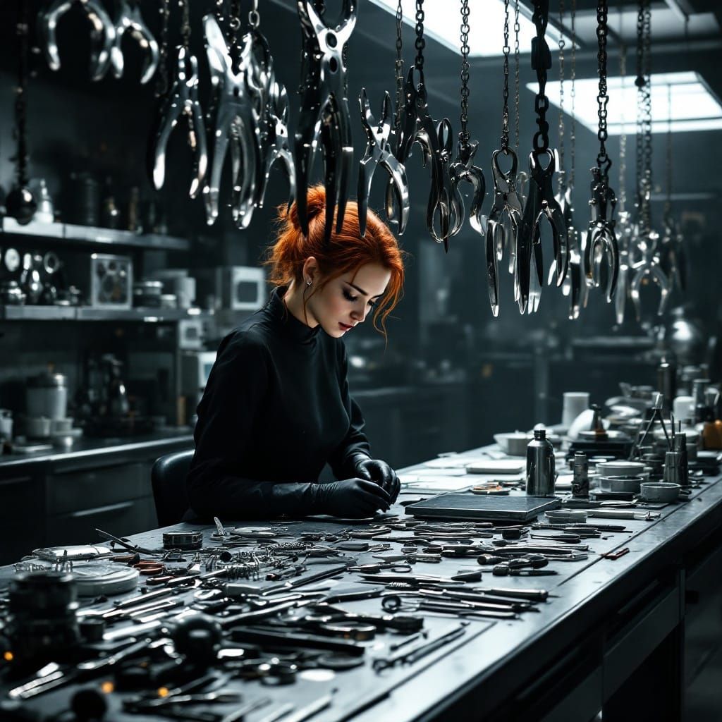 Industrial Noir Workspace with Suspended Tools and a Mysteri...