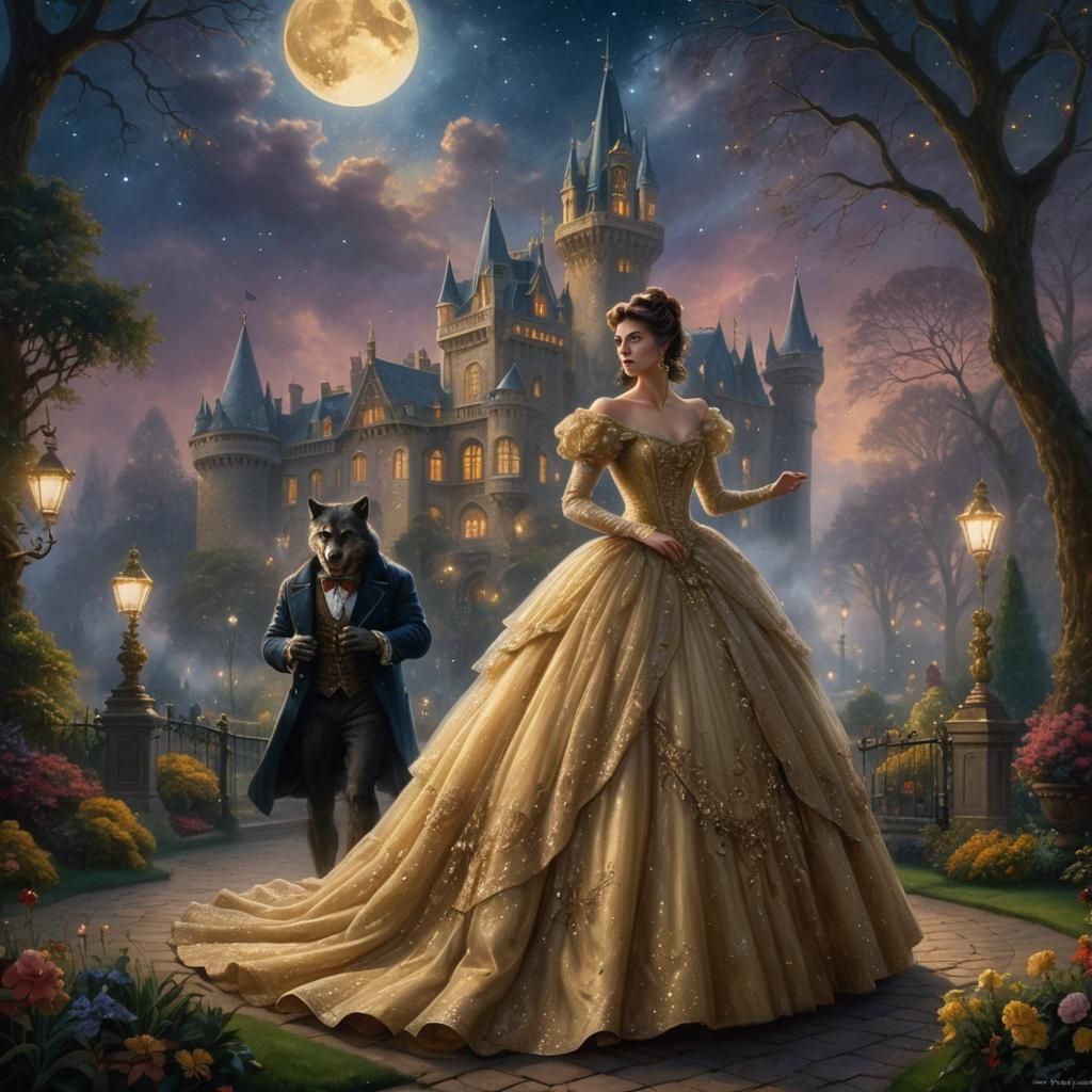 Victorian Werewolf and Woman in Starry Garden