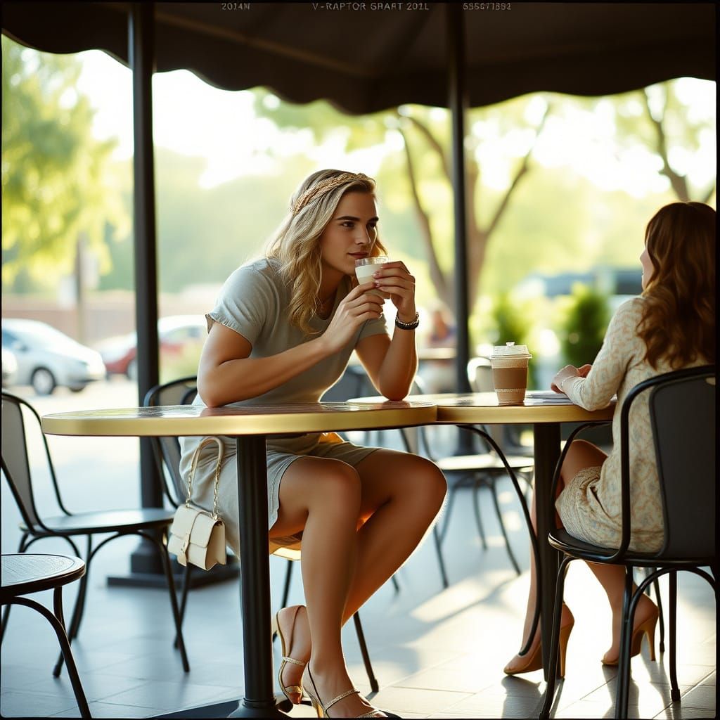 Crossdressed Man Enjoys Latte at Outdoor Cafe