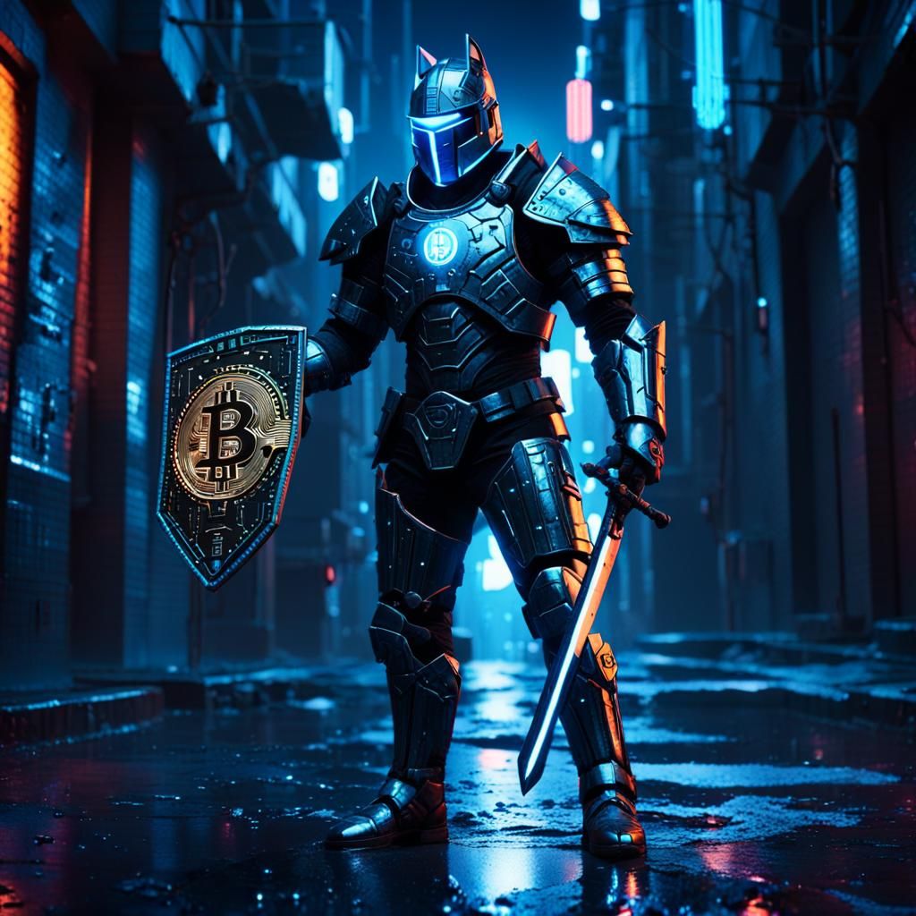 Cyberpunk Knight with Bitcoin Sword in Neon Alley