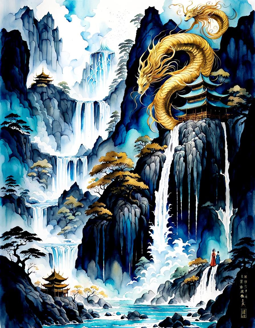 Fantasy Waterfall with Golden Dragon, Watercolor Art