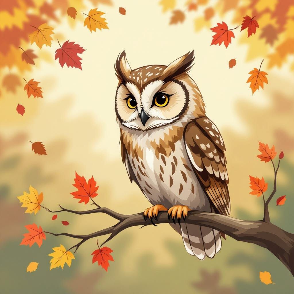 Wise Owl Among Autumn Leaves in Children's Book Style