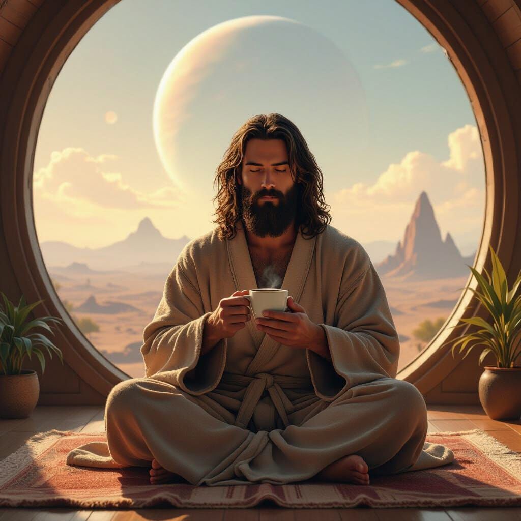 Meditating Man Sips Coffee on Alien Planet