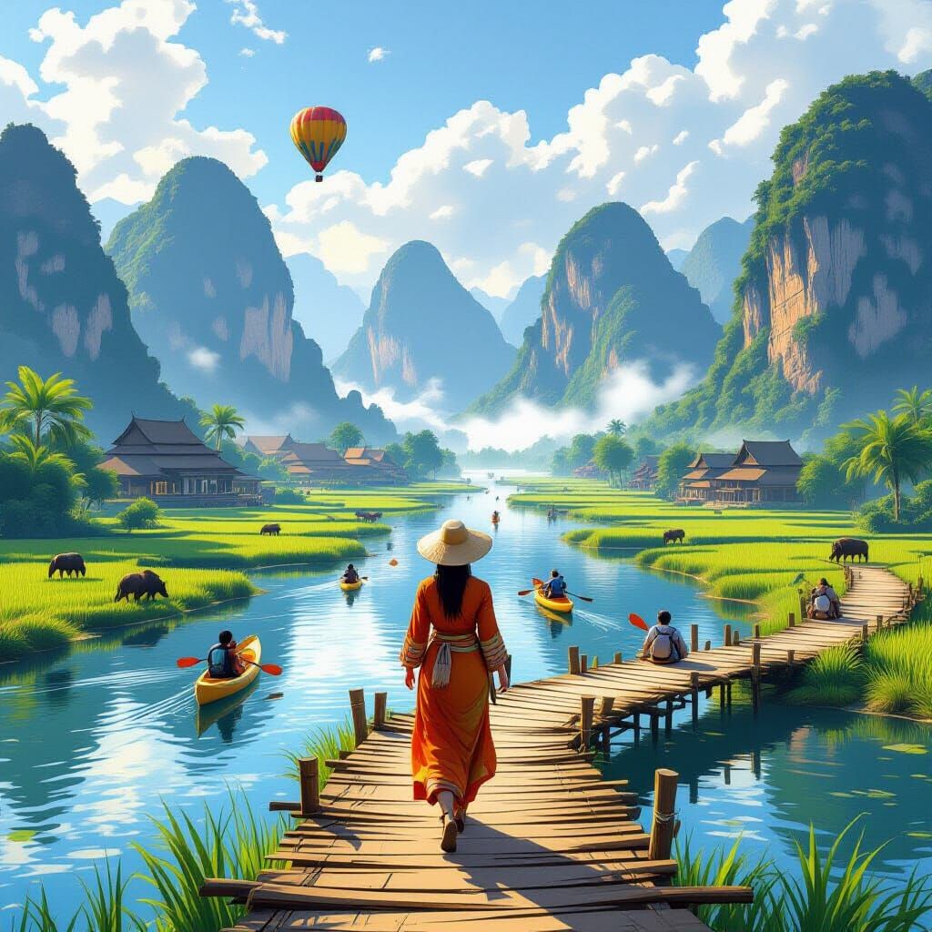 Laos Landscape with Woman, Painterly Style