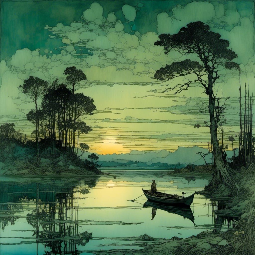 Enchanted Nocturnal Lake Scene in Whimsical Watercolors