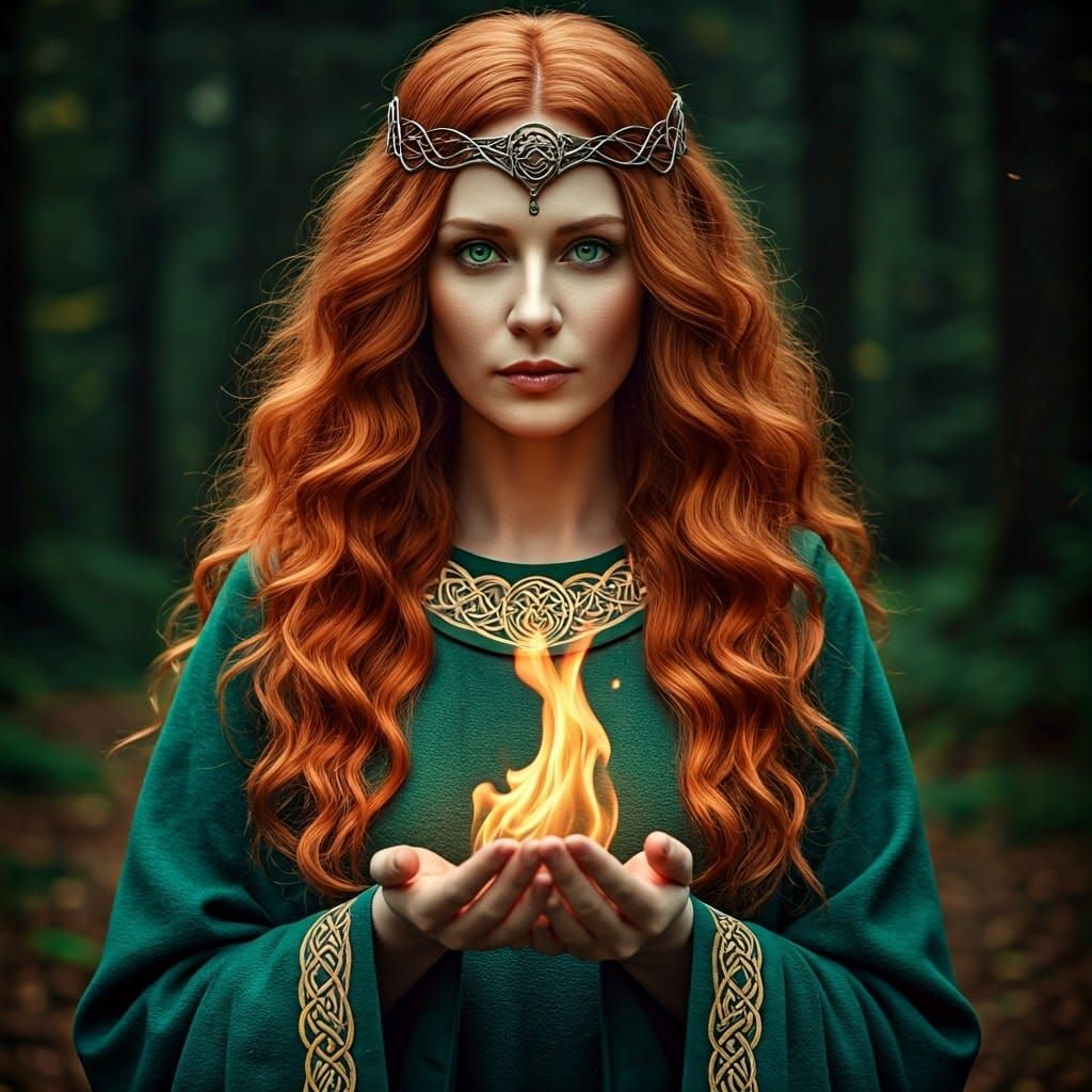 Celtic Goddess Brigid with Flame in Forest
