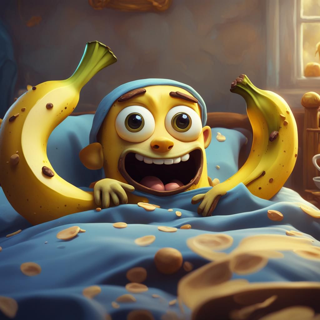 Sick Cartoon Banana in Bed: Oil Painting