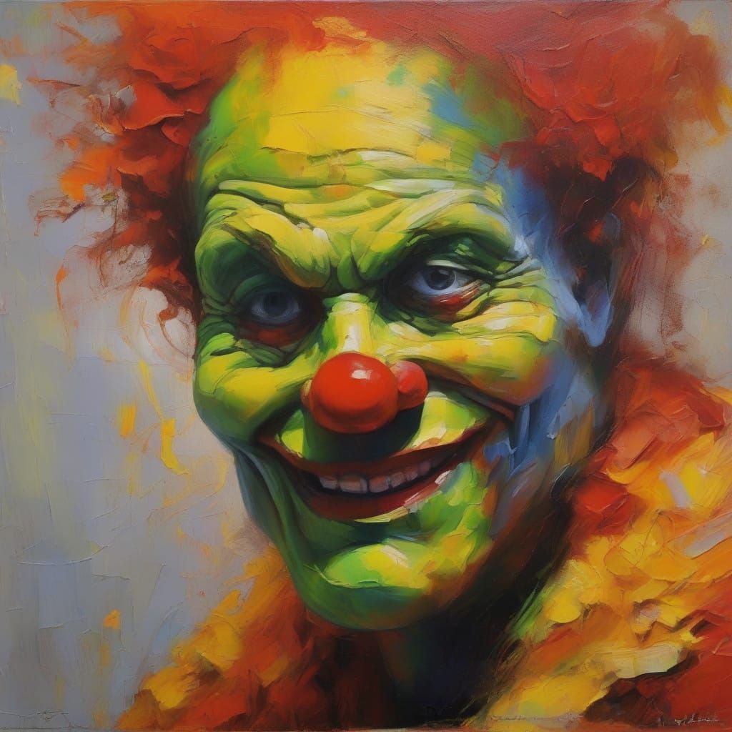 Grotesque Clown Emerges from Vortex as Gouache Painting
