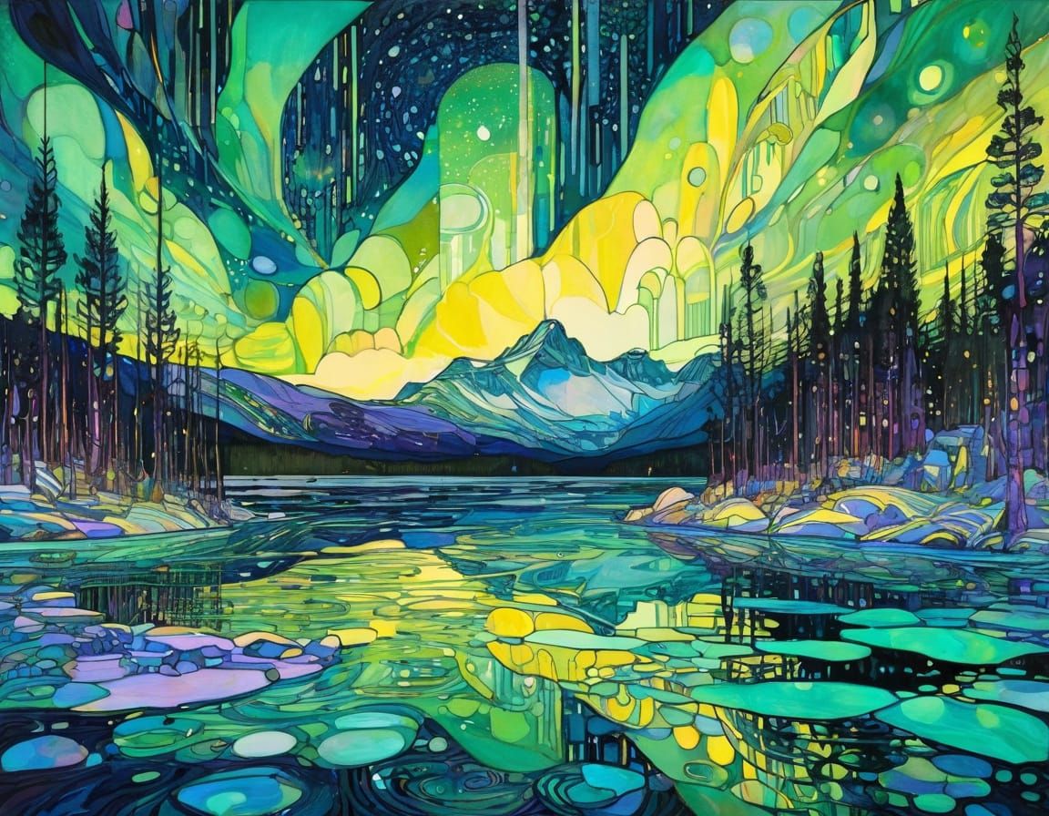 Neon Aurora Borealis Reflected in Arctic Lake