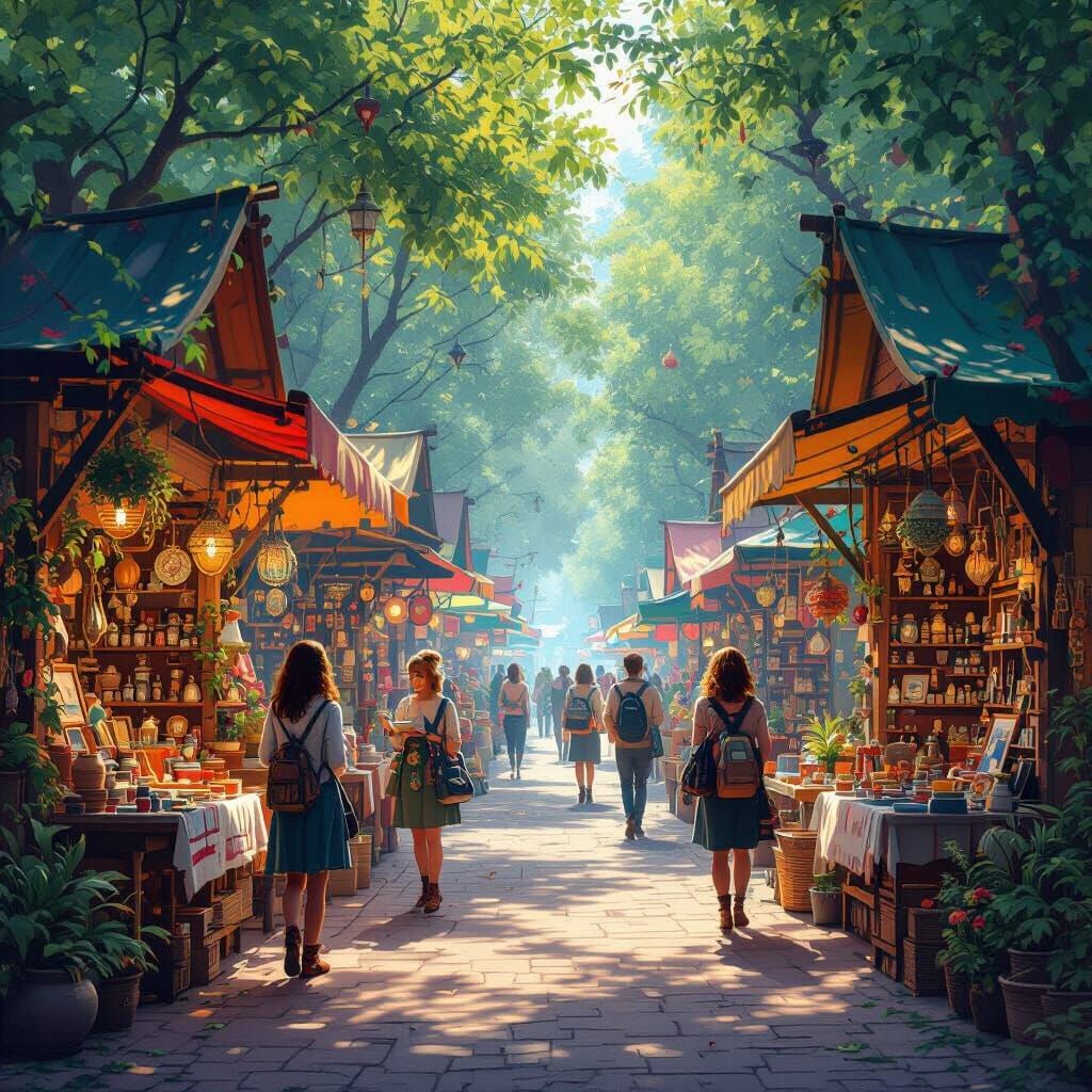 Vibrant Craft Fair Scene in Fantasy Art Style