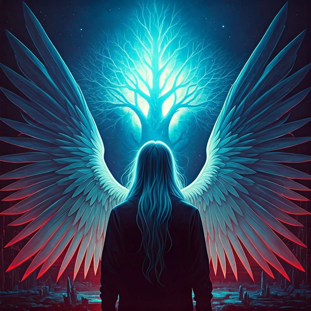 Angel with Neon Hair in Sci-Fi Dreamscape