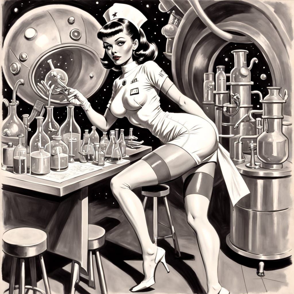 Retro futuristic nurse getting medicine ready 