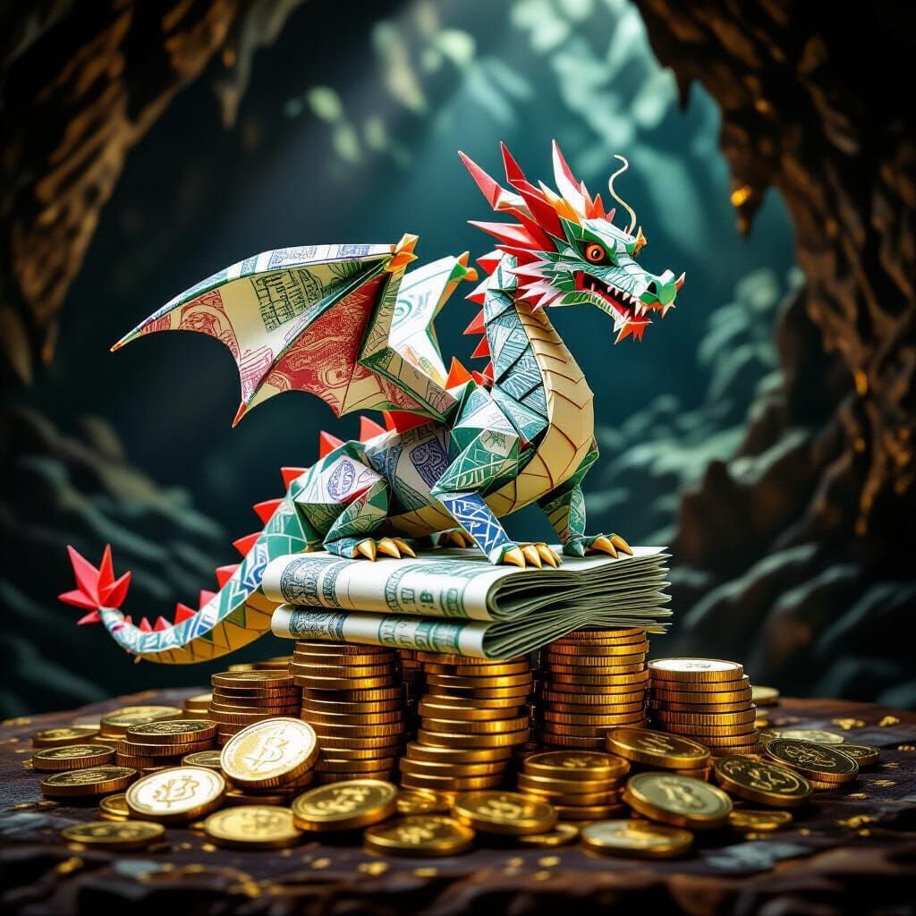 Origami Dragon of Banknotes on Gold Coins