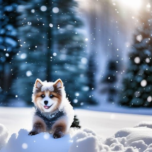 Cute Puppy Playing in Snowy Winter Scene