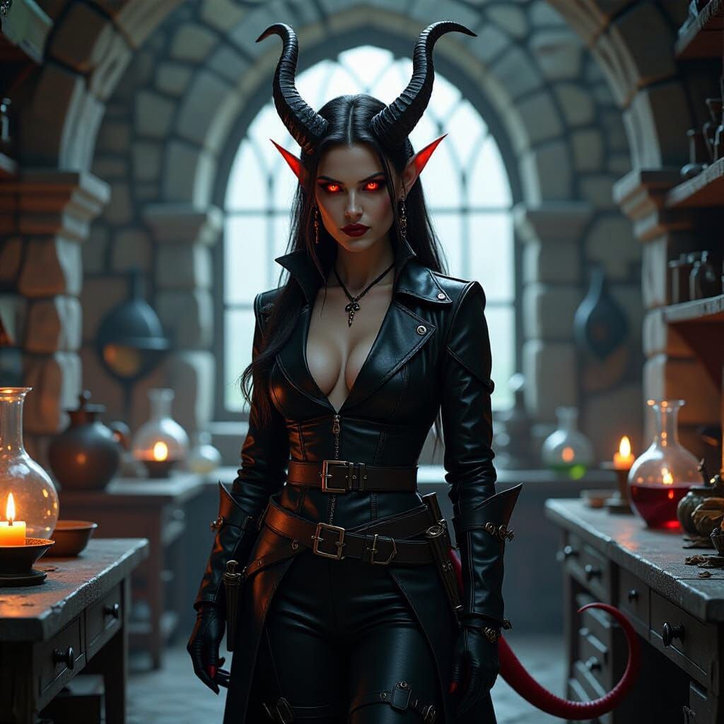 Tiefling Alchemist in Medieval Lab, in Dark Mystical Style